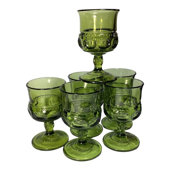 Kings Crown Avocado Green Thumb Print  Indiana Glass Cordial Glasses Six - Picture 3 of 9